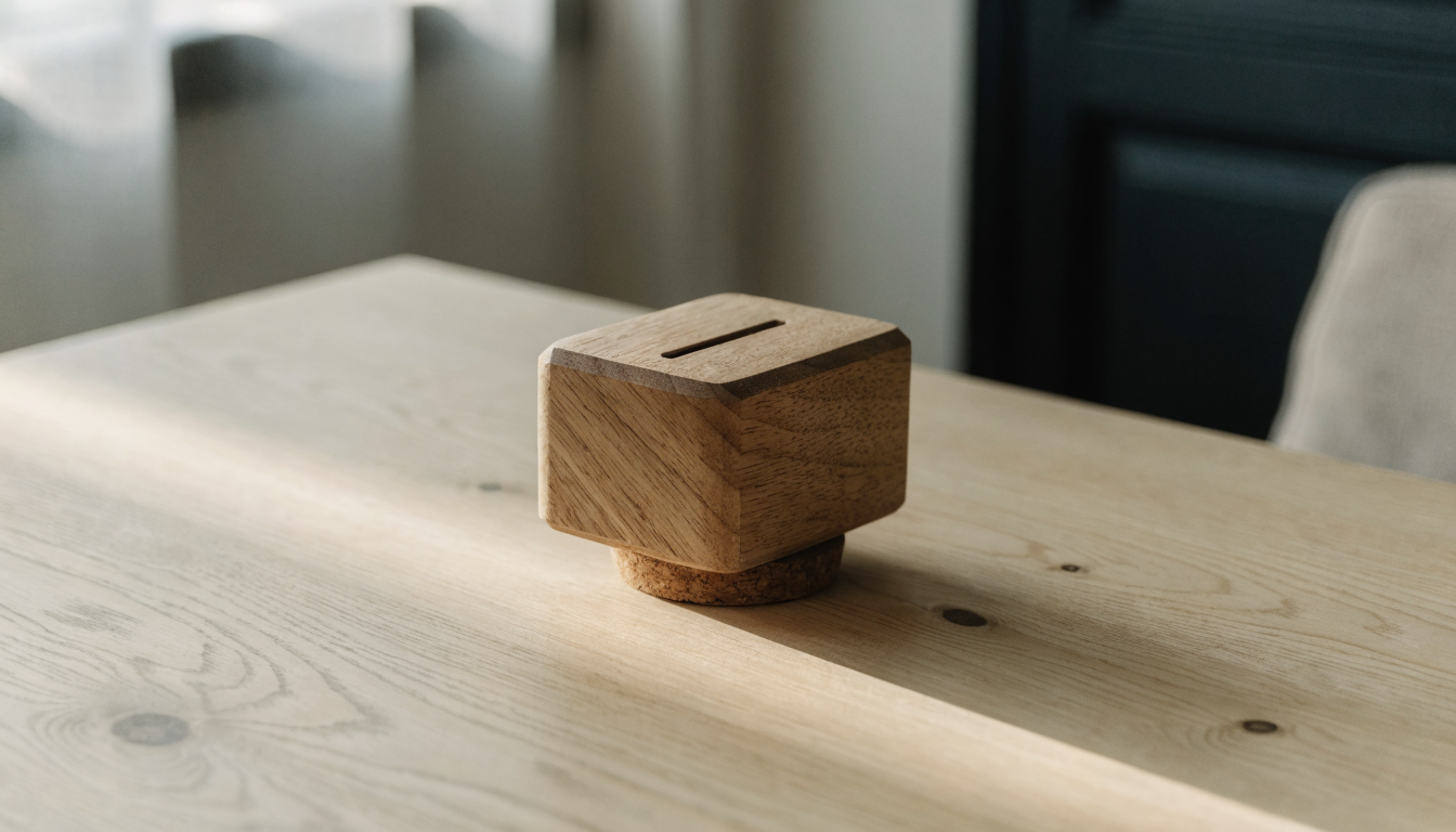 Tirelire artisanale en bois au grain apparent, sur une table en chêne clair Image