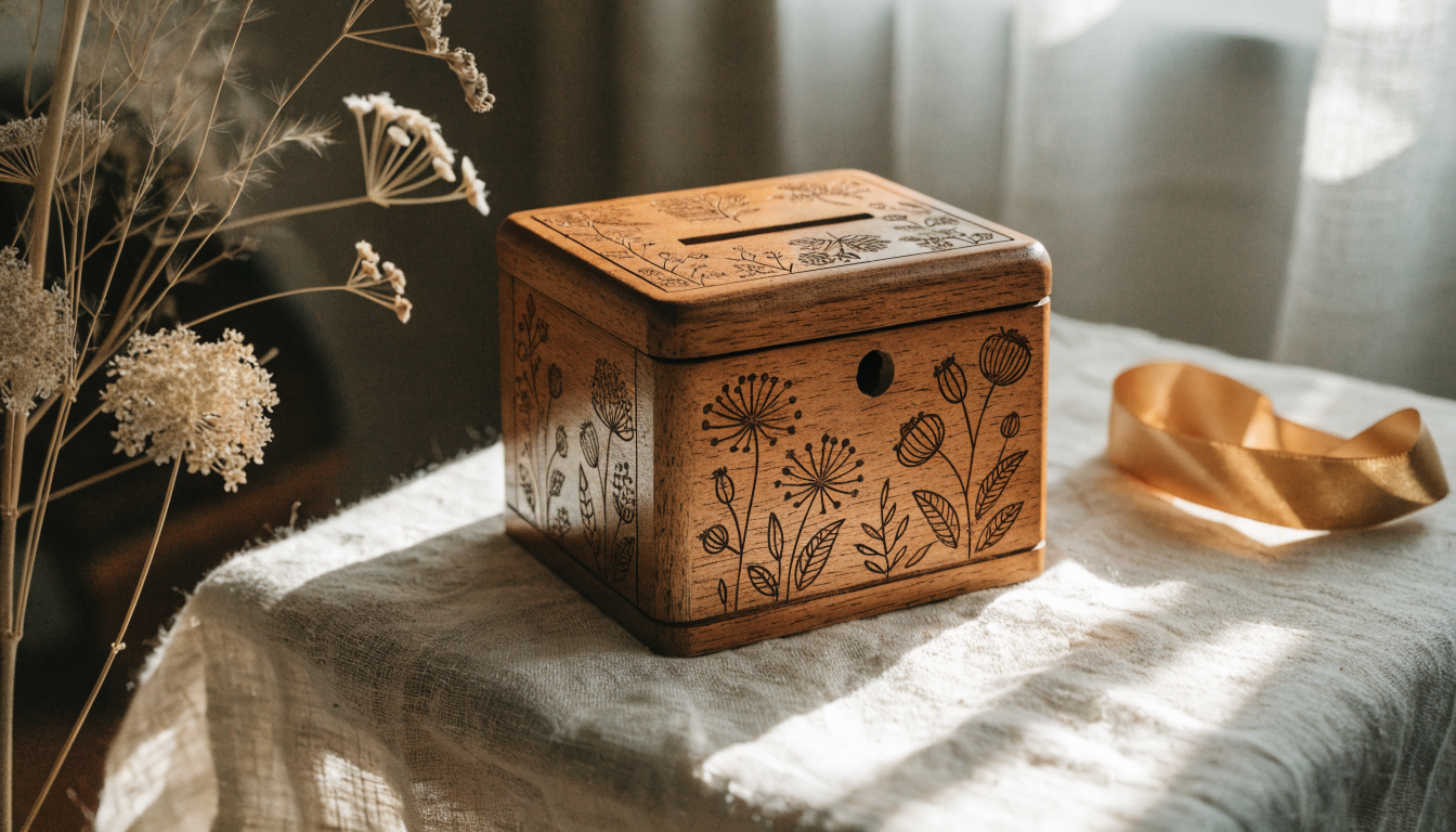 Tirelire en bois gravée posée sur un tissu de lin avec un ruban et des fleurs séchées Image