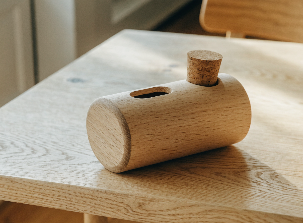 Tirelire artisanale en bois avec bouchon en liège, sur une table en chêne Image
