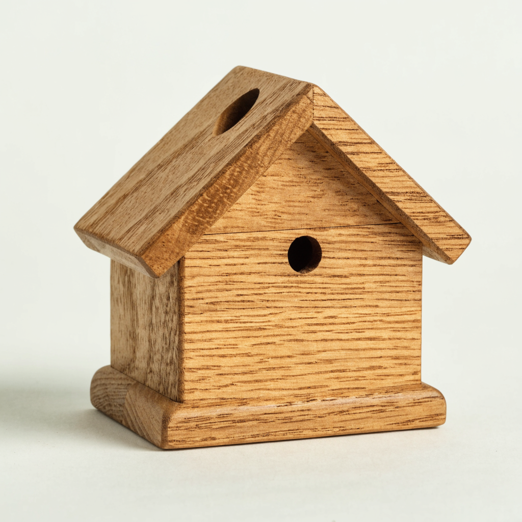 Tirelire en bois en forme de petite maison, grain apparent