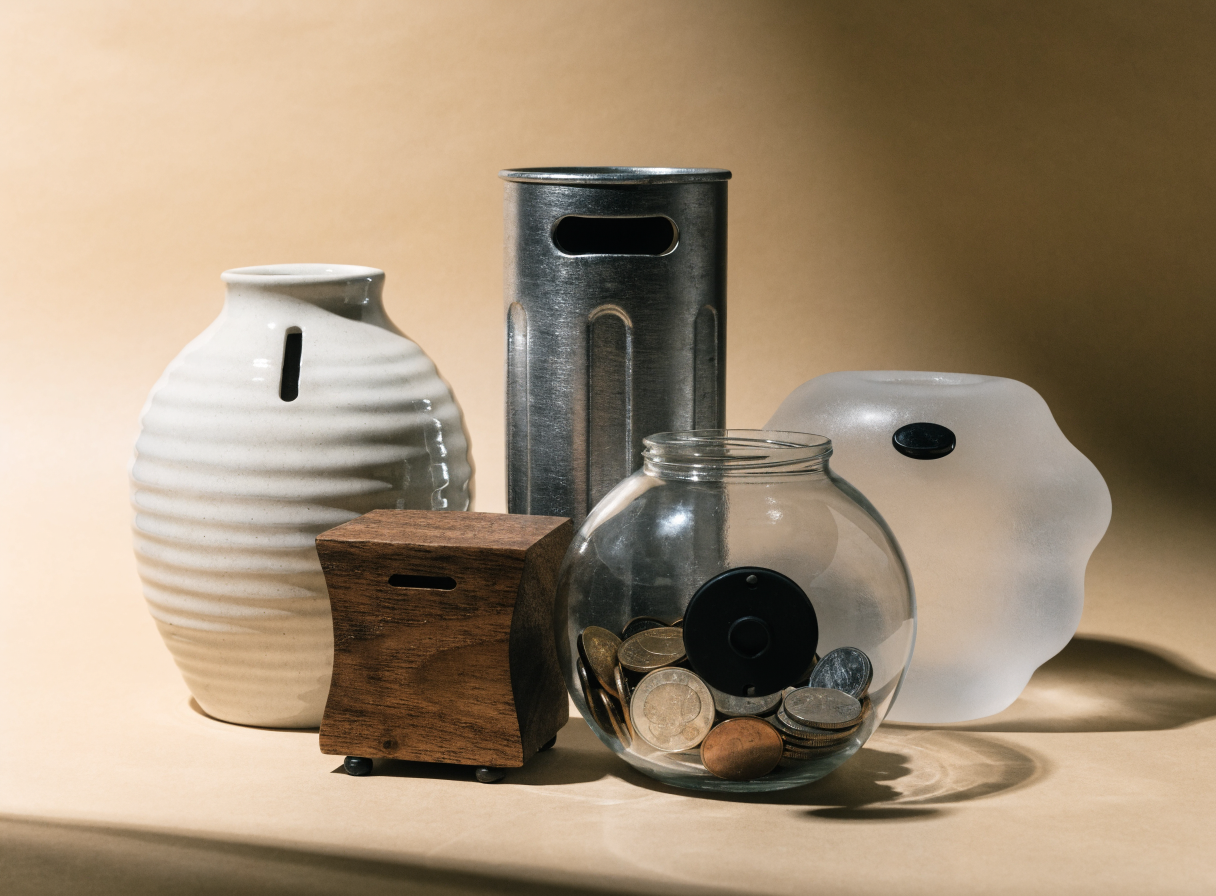 Cinq tirelires de matières différentes réunies : céramique, bois, métal, verre et résine Image