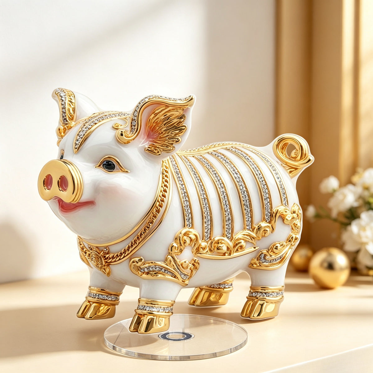Cochon porte-bonheur en acrylique 2D, socle rotatif