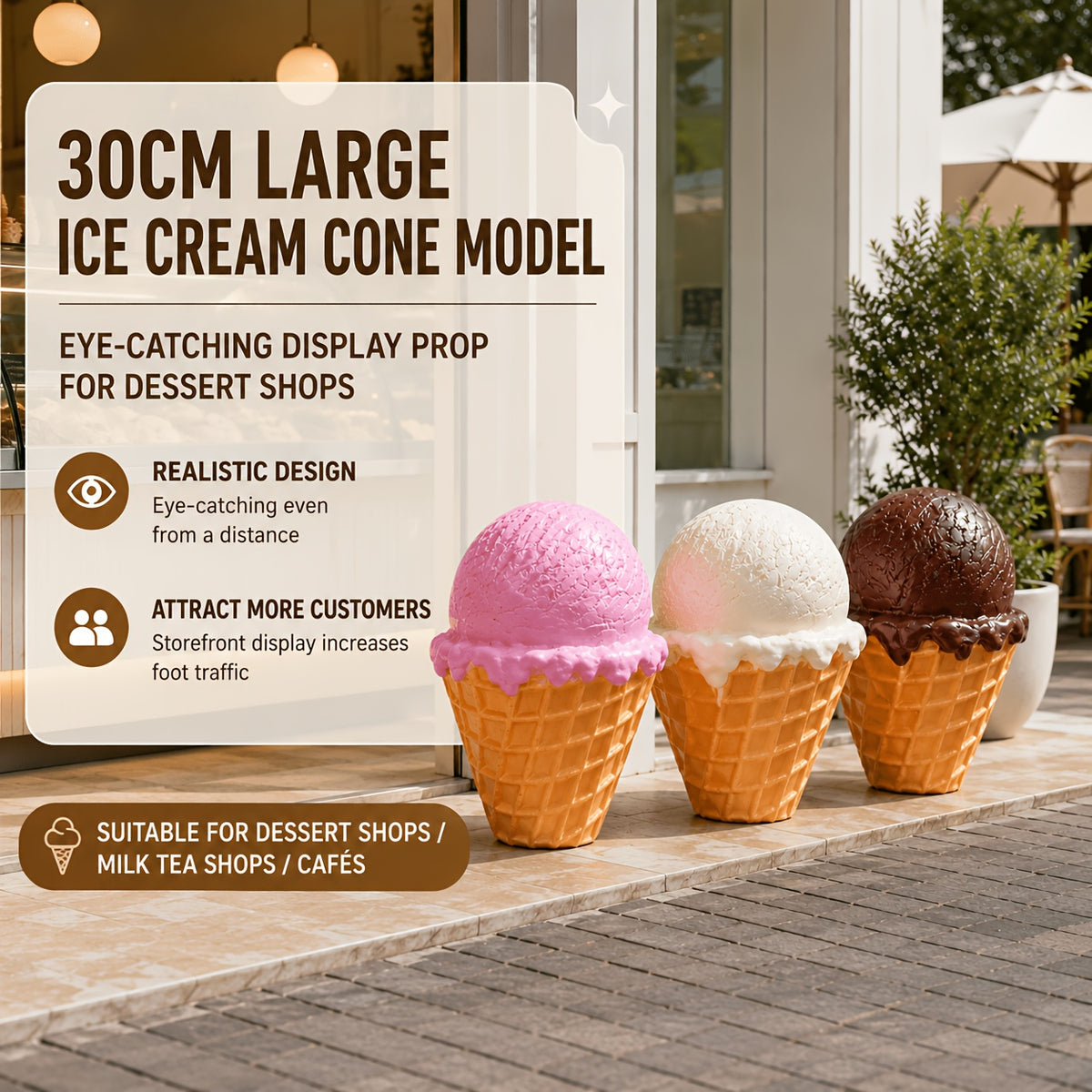 Cornet de glace factice 28 cm — décor de vitrine à pièces