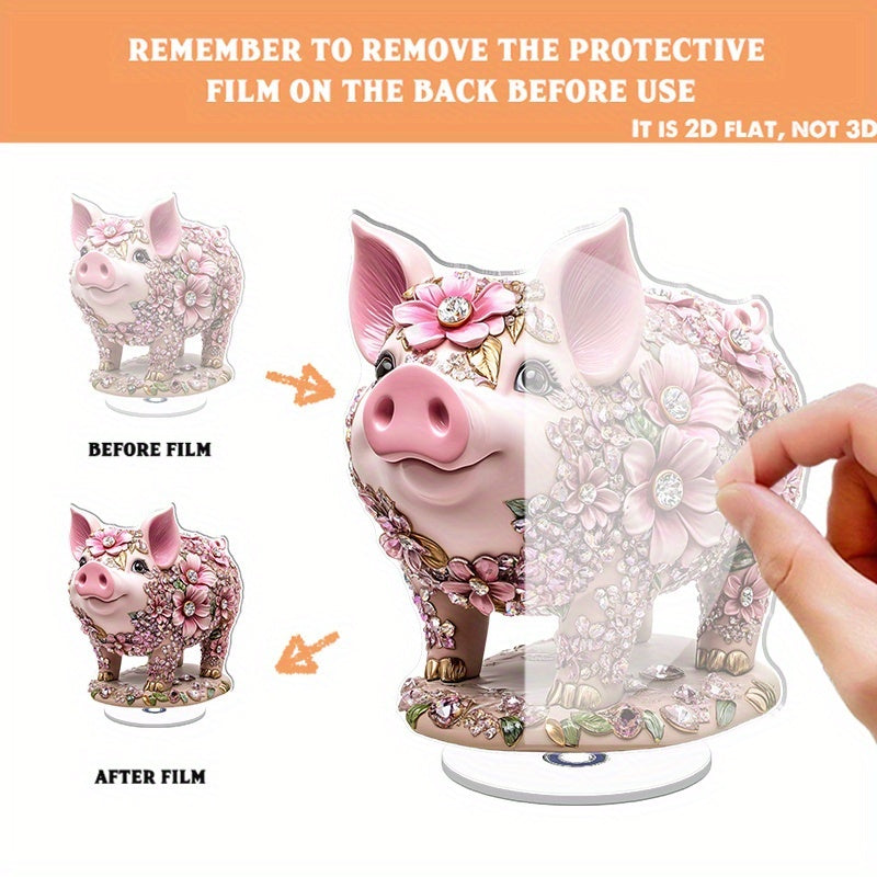 Décoration de bureau cochon fleuri en acrylique, socle rotatif