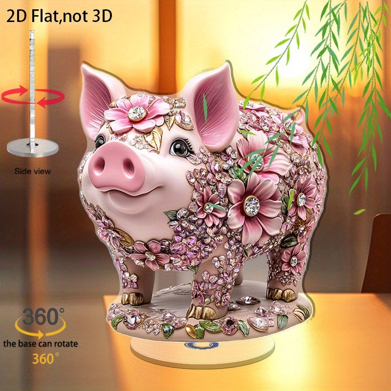 Décoration de bureau cochon fleuri en acrylique, socle rotatif