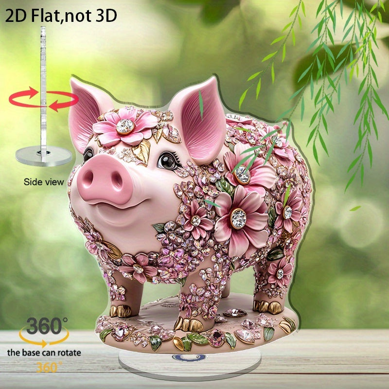 Décoration de bureau cochon fleuri en acrylique, socle rotatif