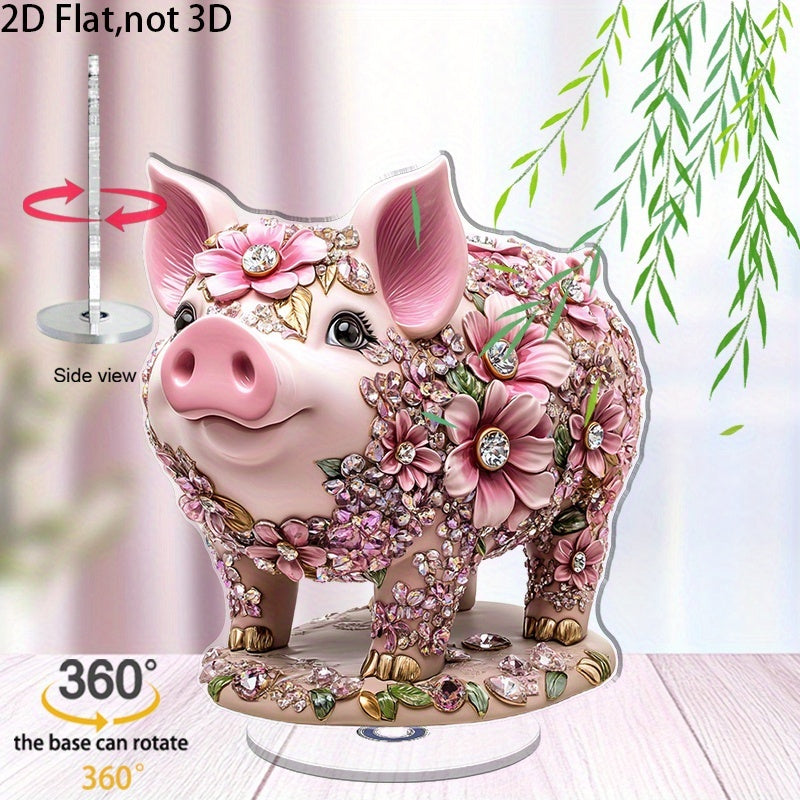 Décoration de bureau cochon fleuri en acrylique, socle rotatif