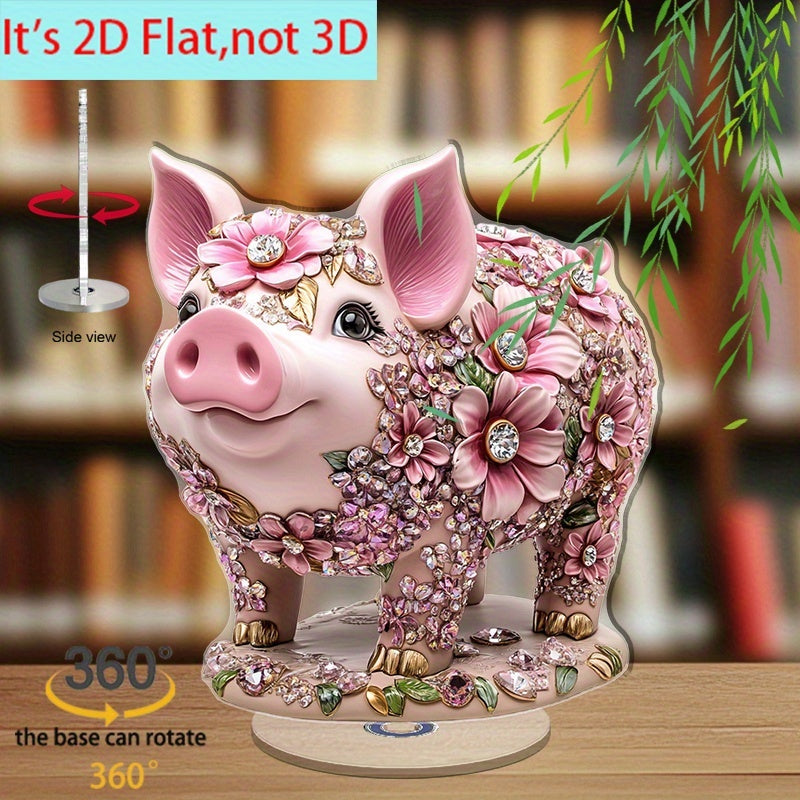 Décoration de bureau cochon fleuri en acrylique, socle rotatif