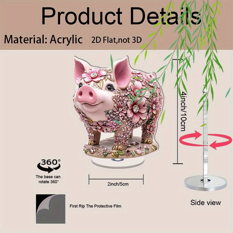 Décoration de bureau cochon fleuri en acrylique, socle rotatif