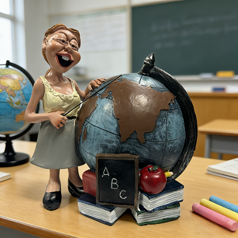 Globe de bureau en résine, institutrice et pile de livres