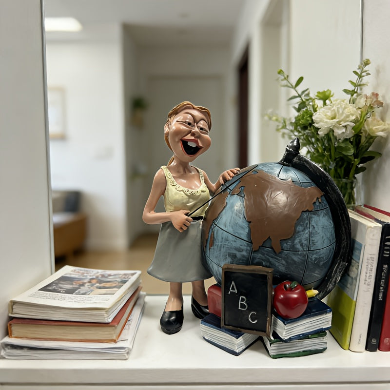 Globe de bureau en résine, institutrice et pile de livres