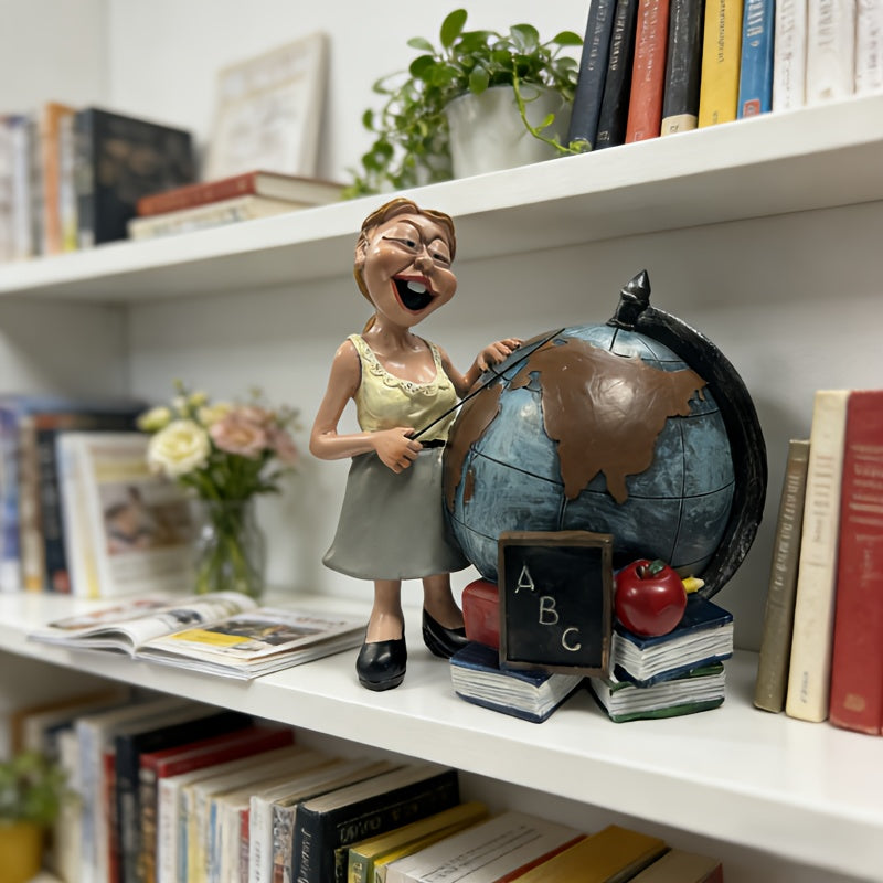 Globe de bureau en résine, institutrice et pile de livres