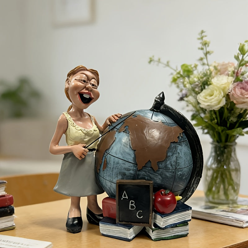 Globe de bureau en résine, institutrice et pile de livres