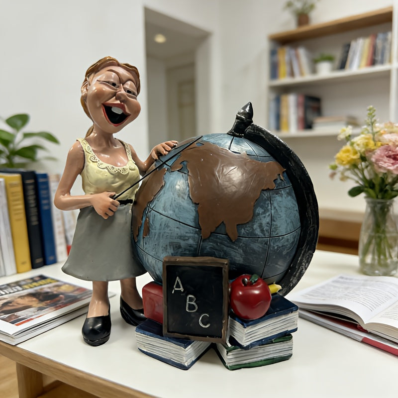 Globe de bureau en résine, institutrice et pile de livres