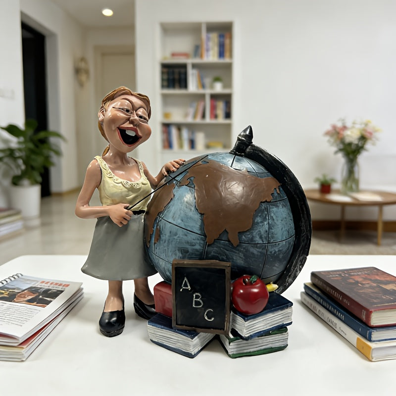 Globe de bureau en résine, institutrice et pile de livres