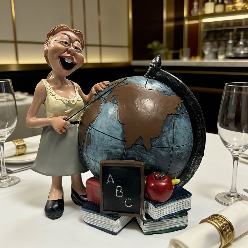 Globe de bureau en résine, institutrice et pile de livres