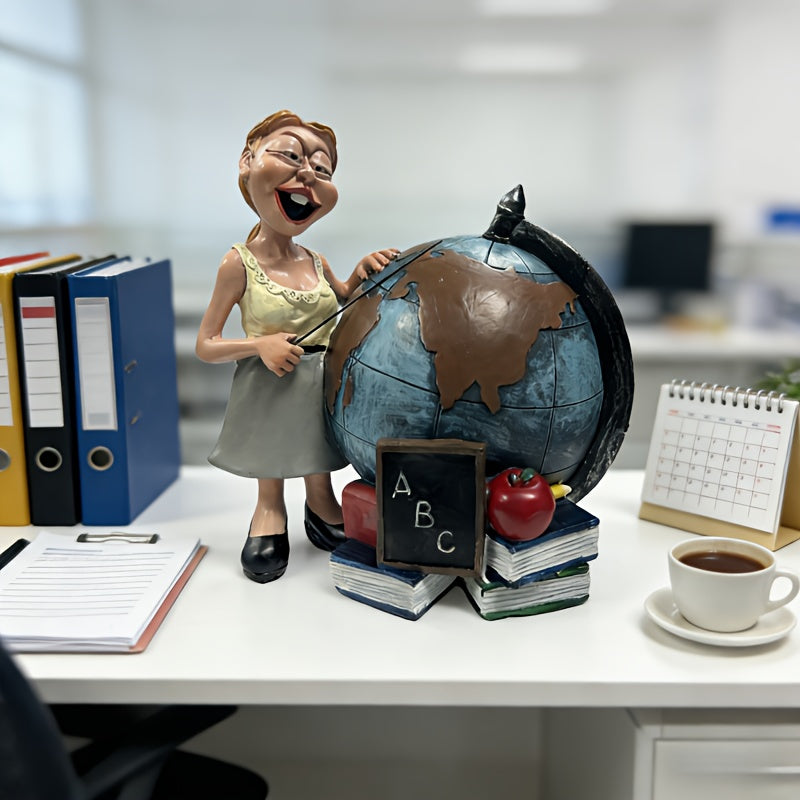 Globe de bureau en résine, institutrice et pile de livres
