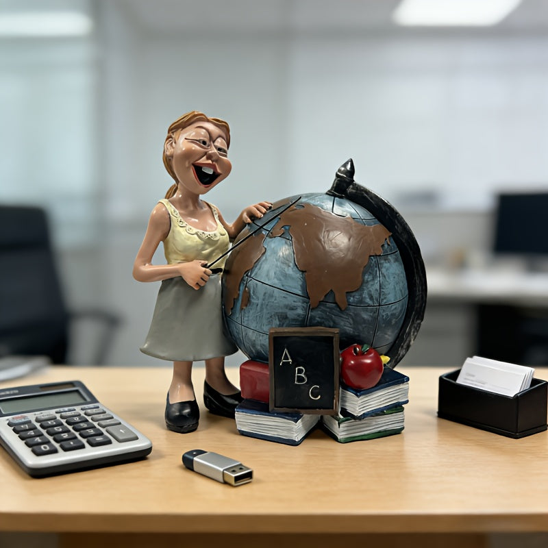 Globe de bureau en résine, institutrice et pile de livres