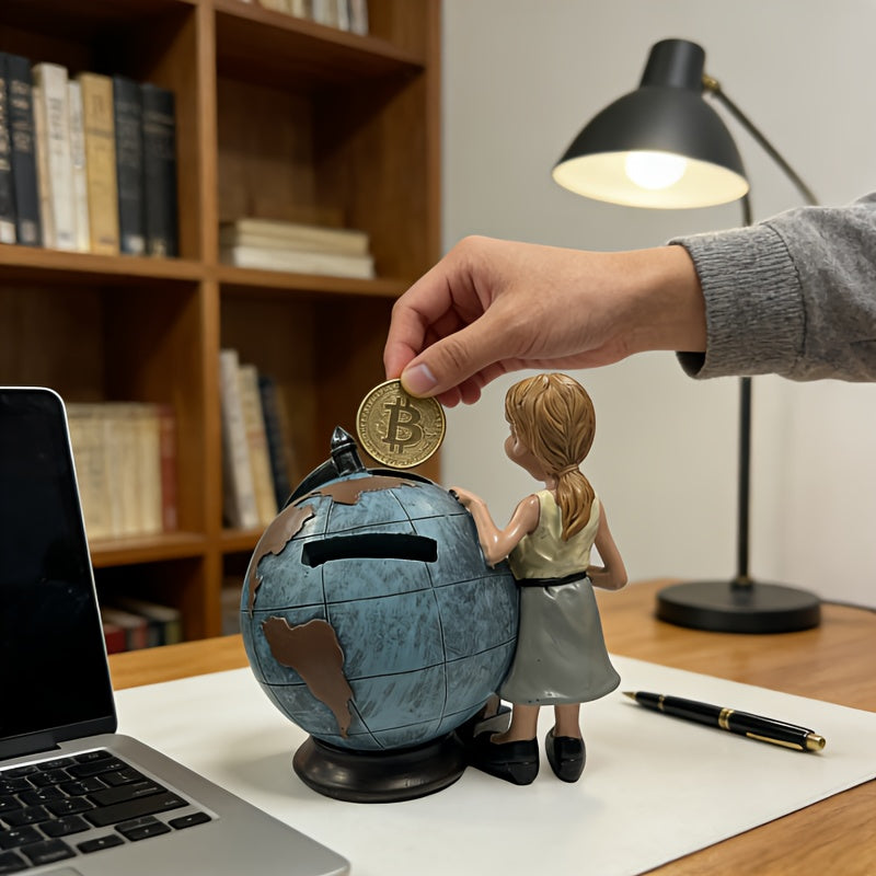 Globe de bureau en résine, institutrice et pile de livres