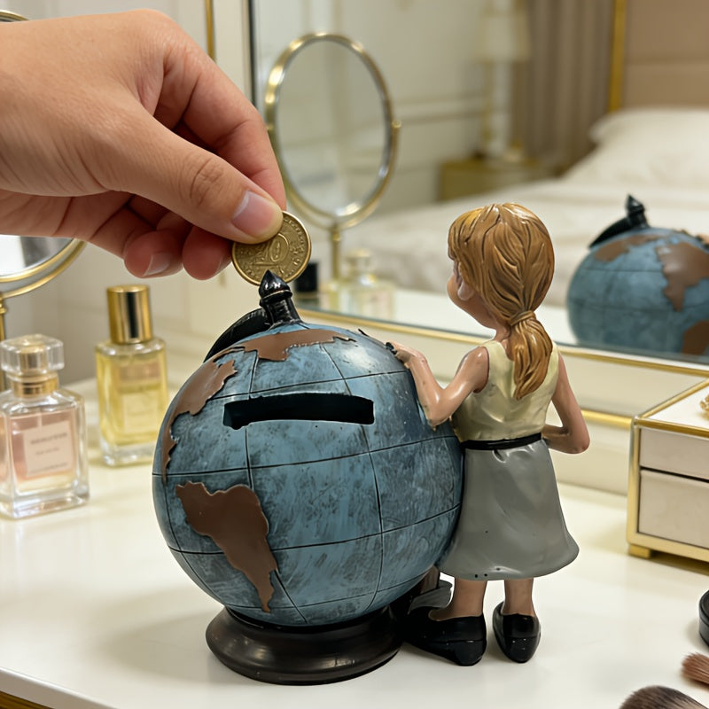 Globe de bureau en résine, institutrice et pile de livres