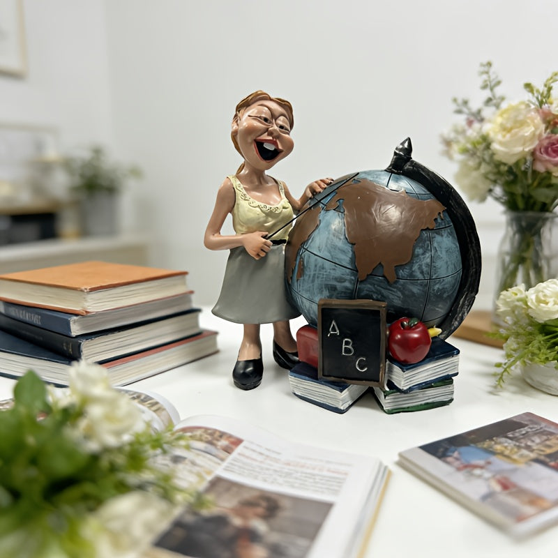 Globe de bureau en résine, institutrice et pile de livres