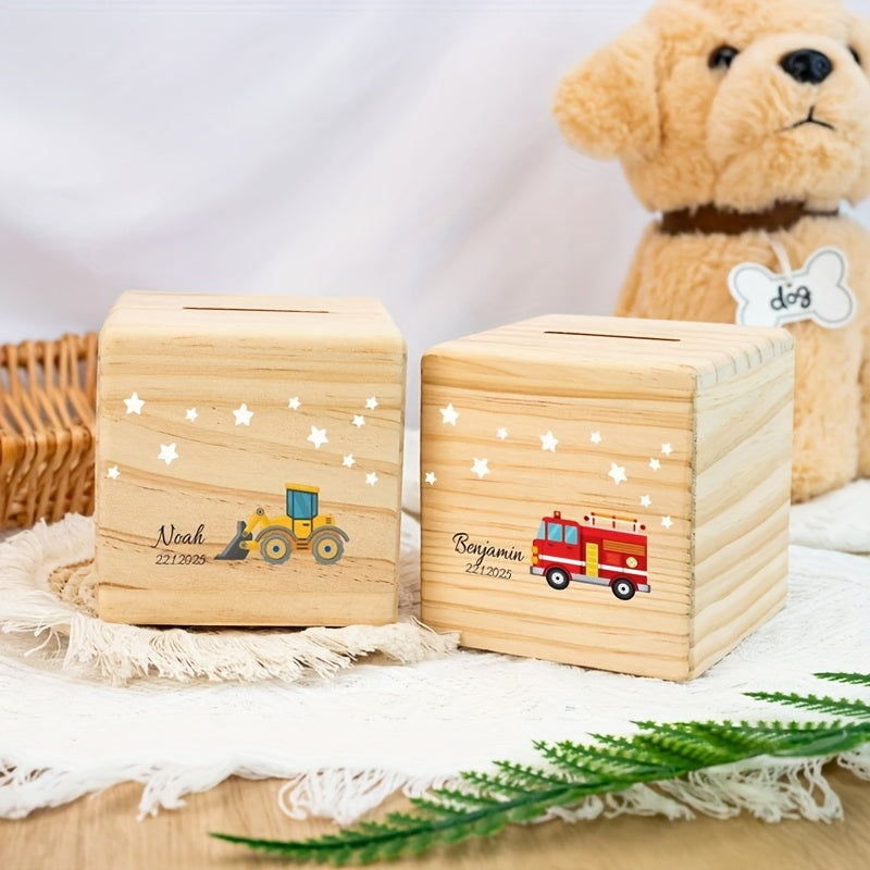 Petite tirelire en bois 9, motifs de chantier imprimés