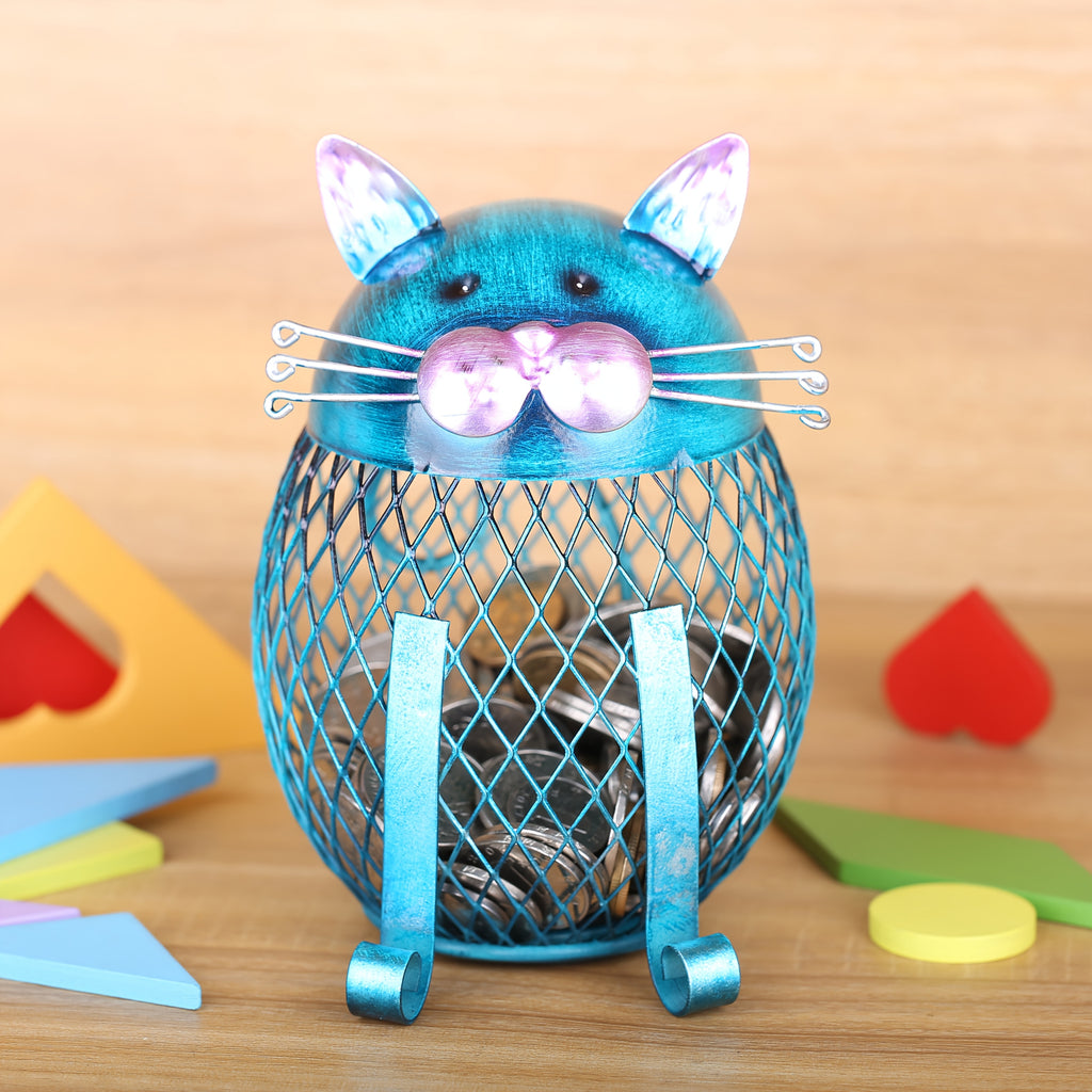 1pc Bote  pices Chat Tirelire en mtal Chat bleu rtro Ornement animal Art en fer Dcoration de bureau Dcoration dart pour la maison Cadeau pour les amoureux des chats Cadeau danniversaire Cadeaux de rentre scolaire