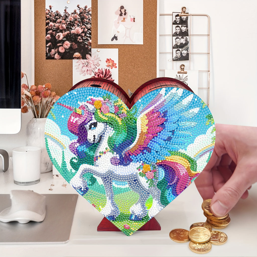 1pc Tirelire en forme de cur avec motif licorne de dessin anim en diamant Bote de rangement en bois pour comptoir  domicile Tirelire Vitrine dcorative Tirelire