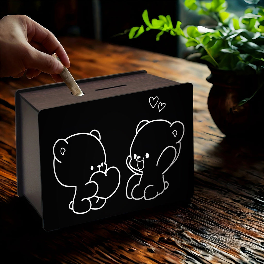 1pc Tirelire en bois Bote  pices en bois rutilisable Ornement en bois fait main Dcoration intrieure Dcoration de salon familial ou de bureau Essentiel pour ranger les pices Cadeau idal Rangement de pices rectangulaire plat 2D