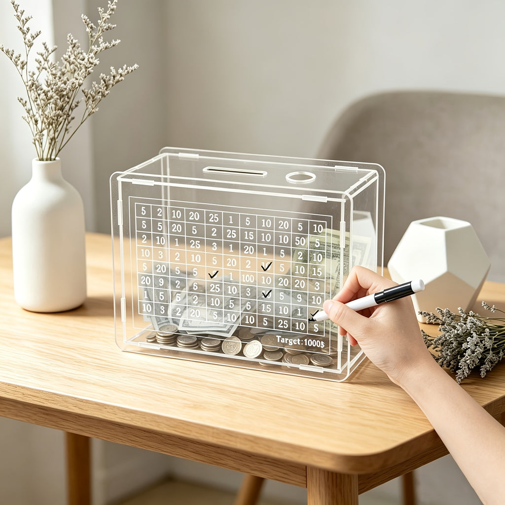 Tirelire acrylique transparente, grille de défi à cocher