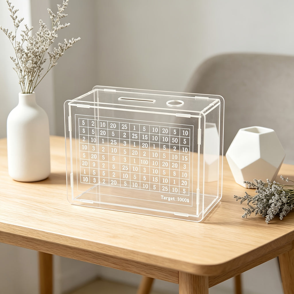 Tirelire acrylique transparente, grille de défi à cocher
