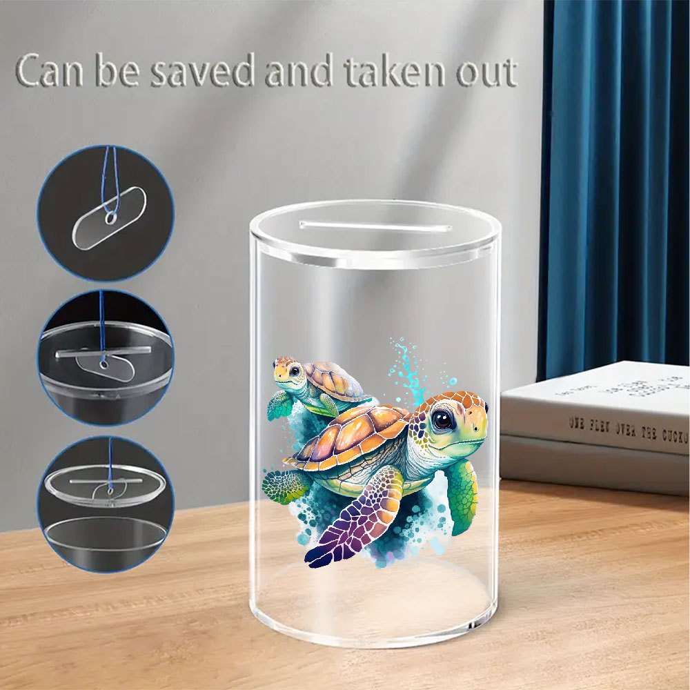 Tirelire baril en acrylique — Deux tortues nageant, 11,9 cm