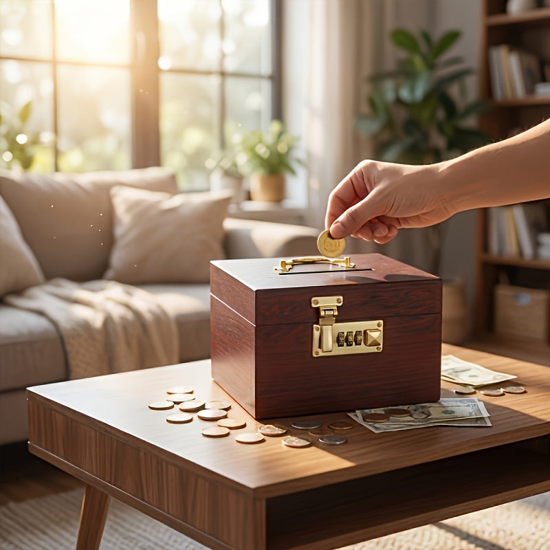Tirelire en bois à code, coffret rétro à ferrures