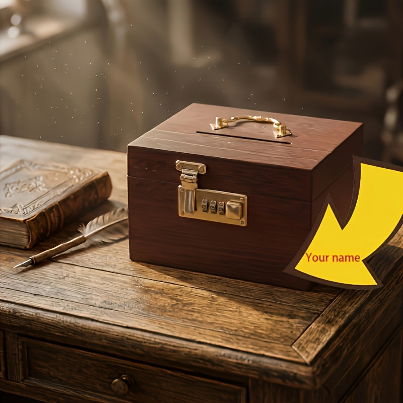 Tirelire en bois à code, coffret rétro à ferrures