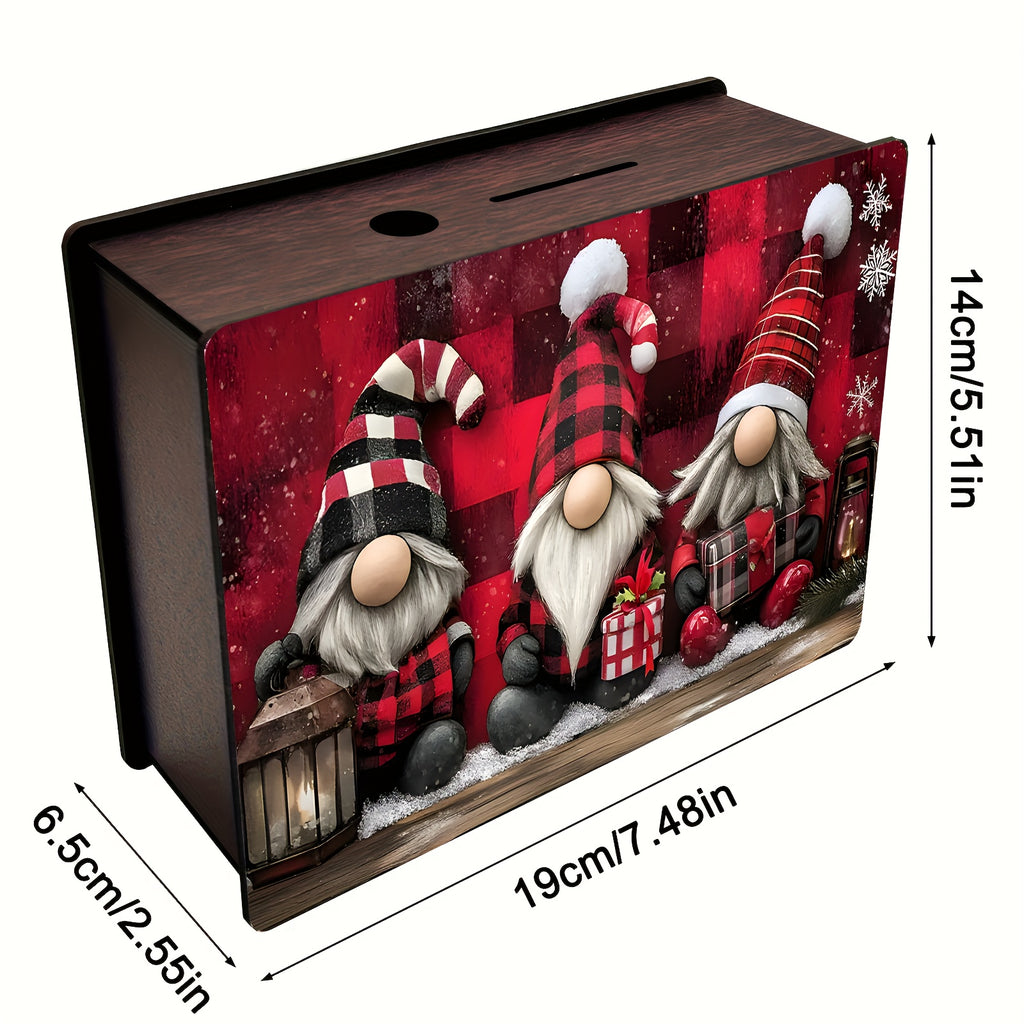 Tirelire en bois et acrylique — trois gnomes à carreaux
