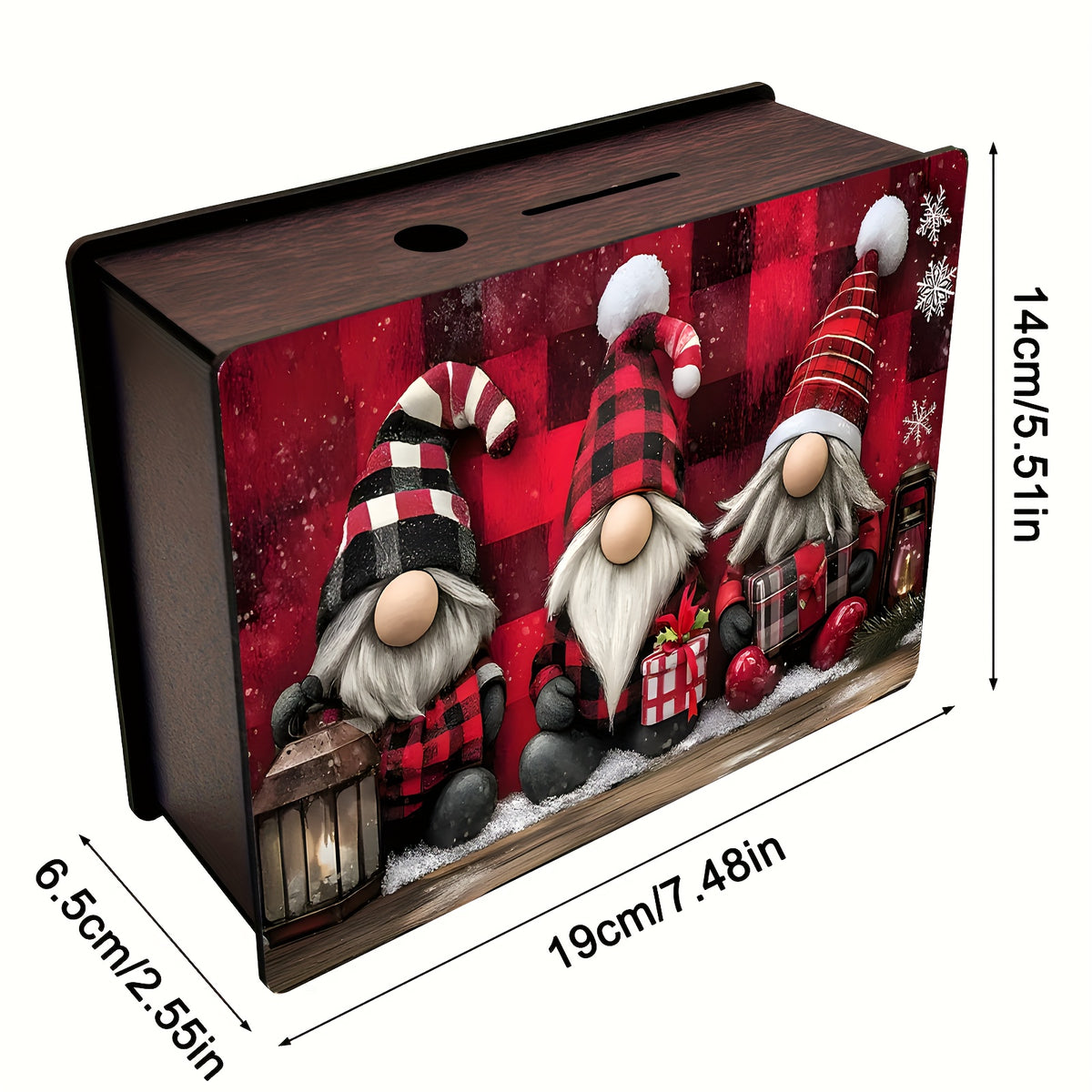 Tirelire en bois et acrylique — trois gnomes à carreaux