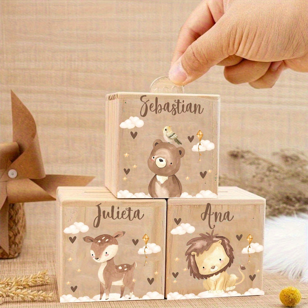Tirelire en bois à motif animal, cube à panneau coulissant