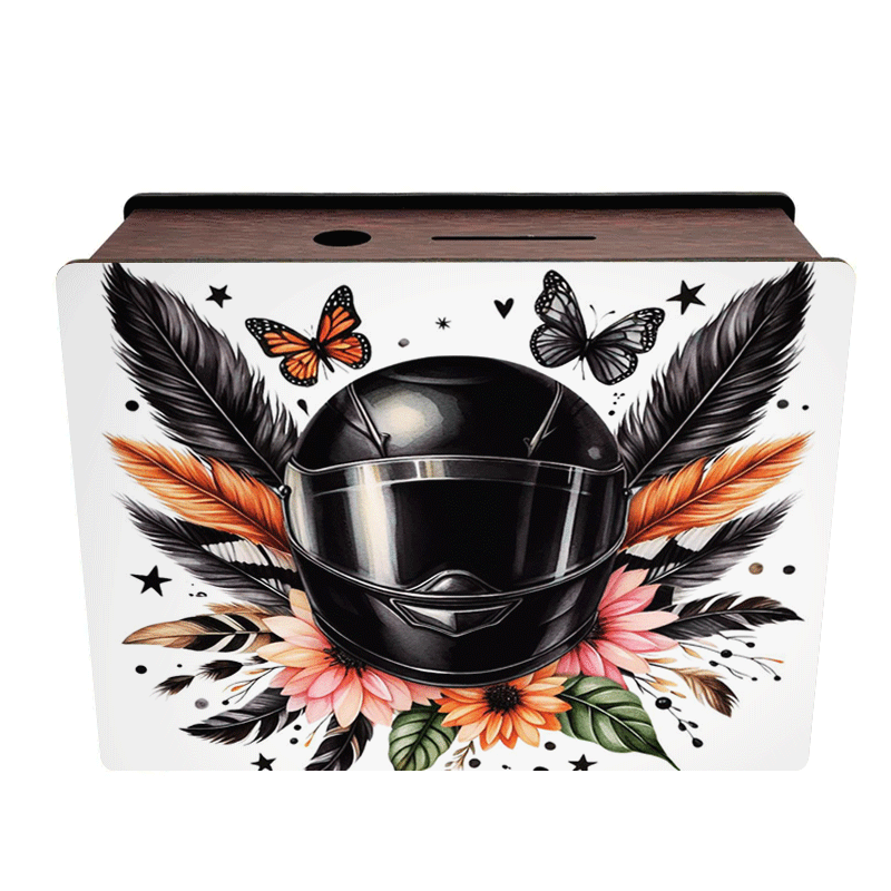 Tirelire en bois à assembler, décor casque de moto fleuri