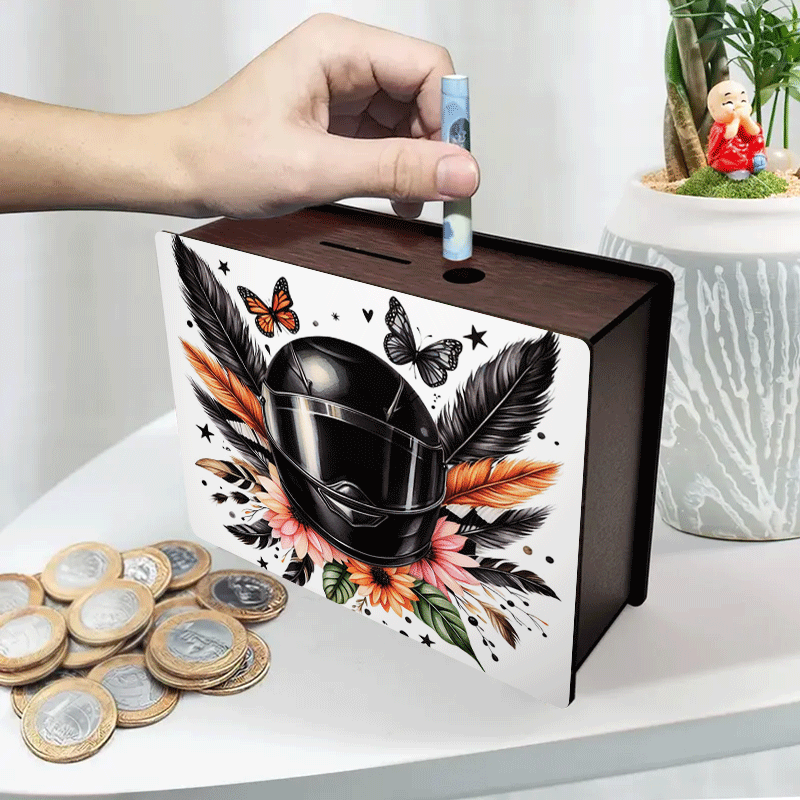 Tirelire en bois à assembler, décor casque de moto fleuri