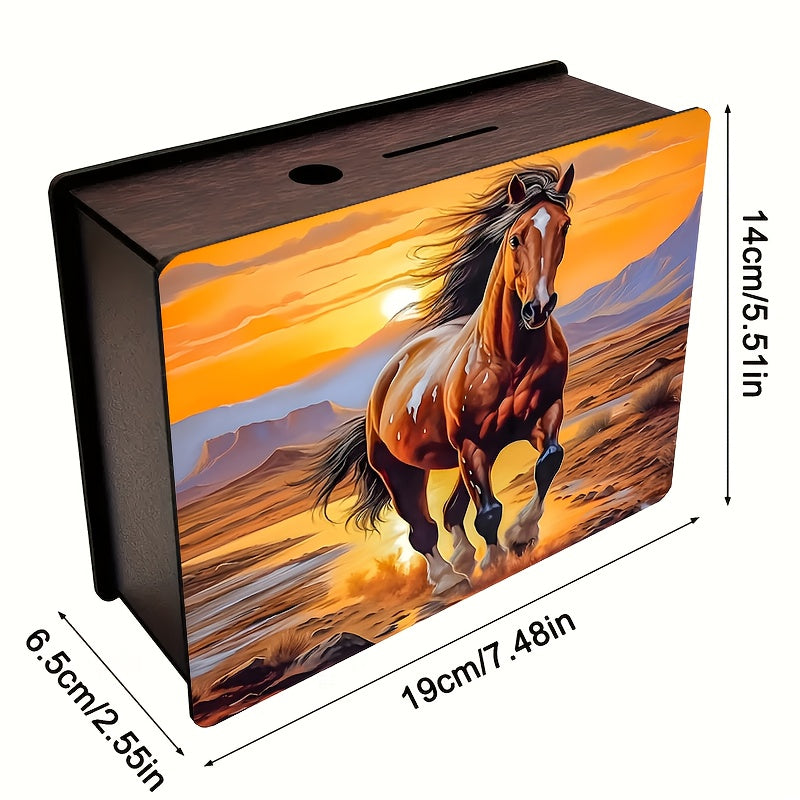 Tirelire coffret en bois, cheval au galop dans le désert