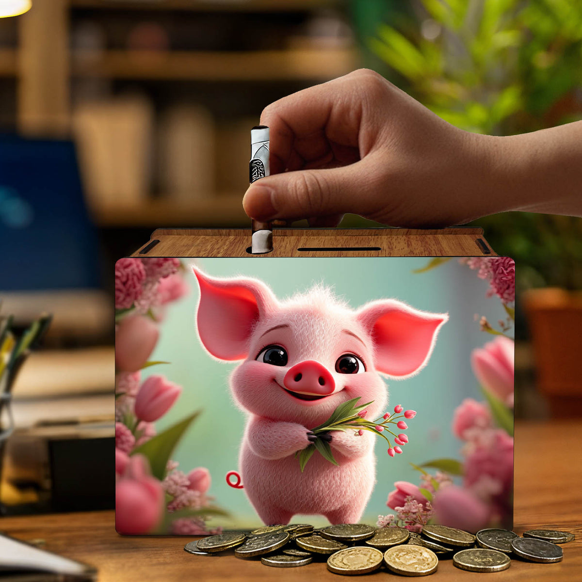 Tirelire boîte en bois cochon aux tulipes, grille d'épargne
