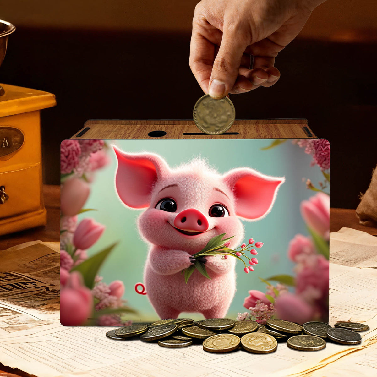 Tirelire boîte en bois cochon aux tulipes, grille d'épargne
