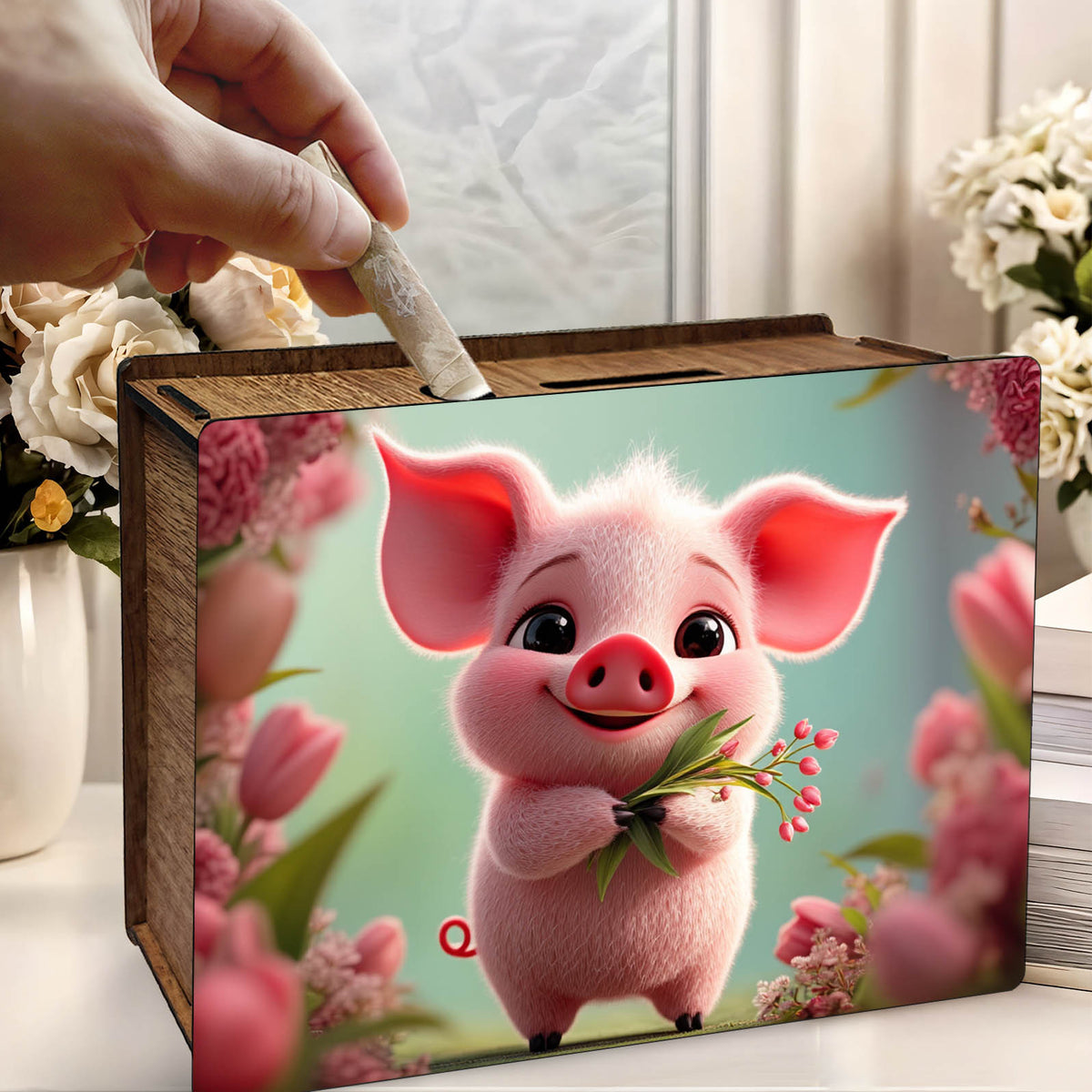 Tirelire boîte en bois cochon aux tulipes, grille d'épargne
