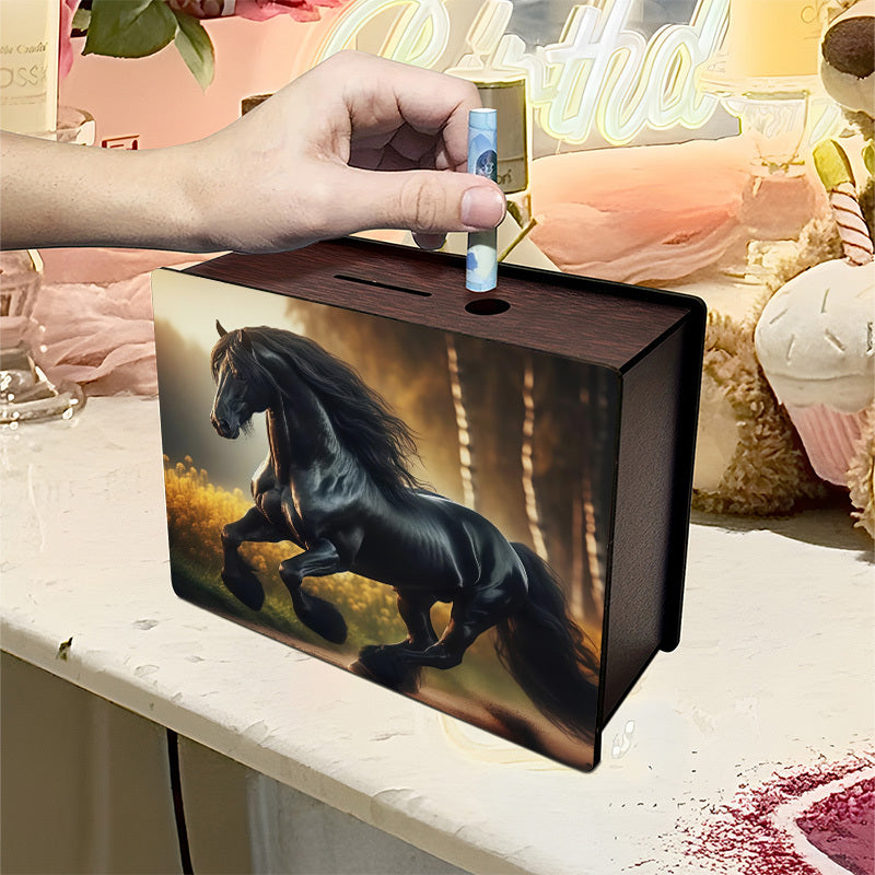 Tirelire coffret en bois à motif cheval, large