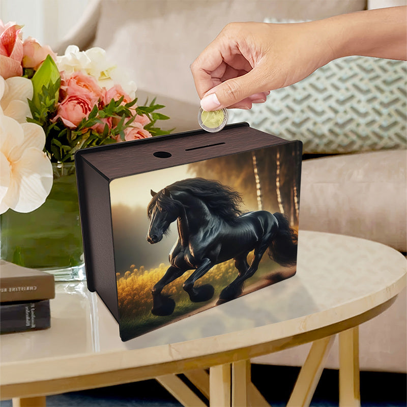 Tirelire coffret en bois à motif cheval, large