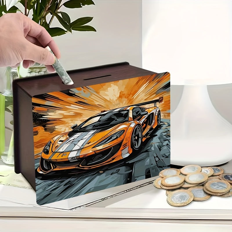 Tirelire en bois 19 cm — coupé orange en bande dessinée