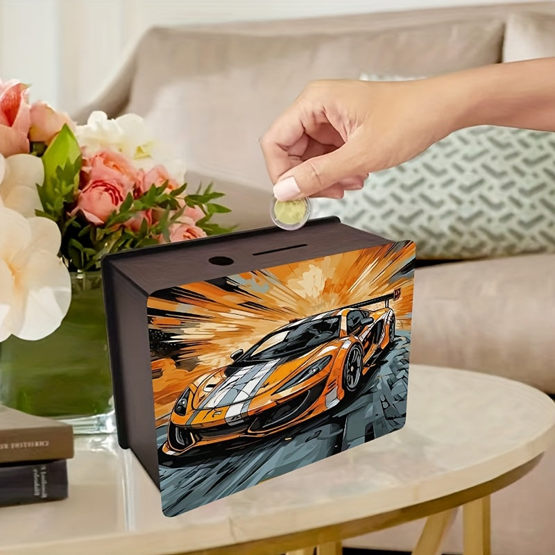 Tirelire en bois 19 cm — coupé orange en bande dessinée
