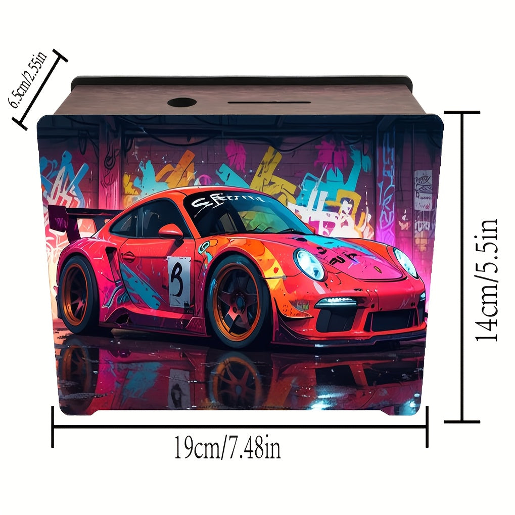 Tirelire en bois 19 cm — coupé rouge sur mur de graffitis