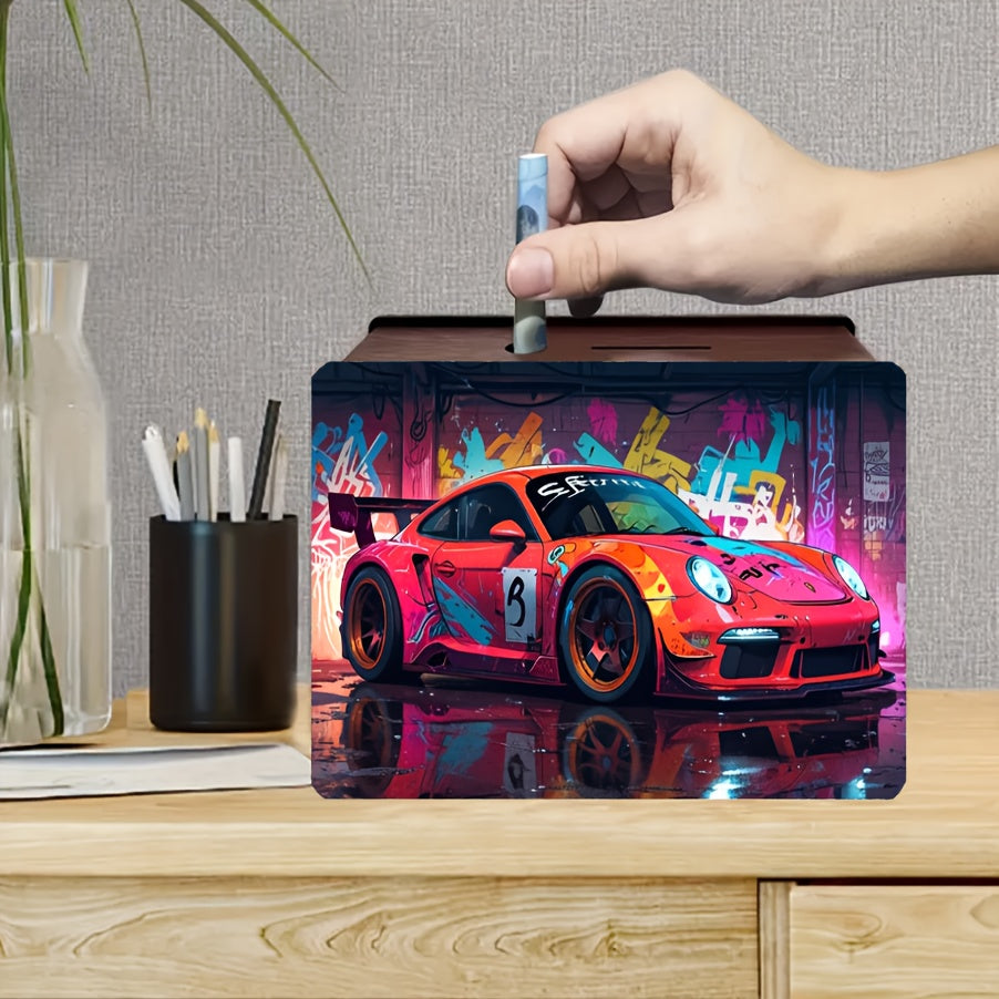 Tirelire en bois 19 cm — coupé rouge sur mur de graffitis