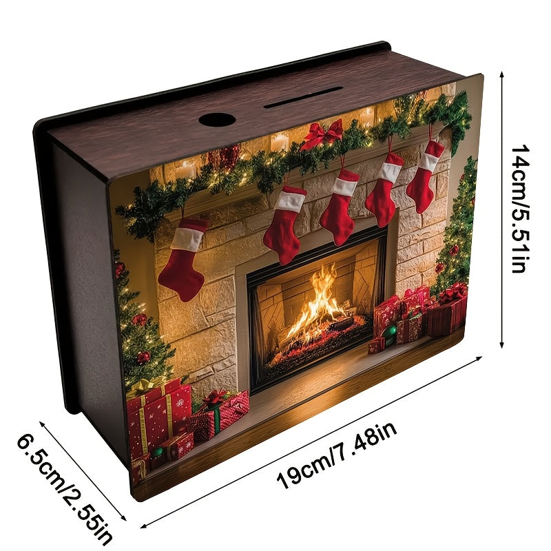 Tirelire en bois décor de cheminée de Noël allumée — 19 cm